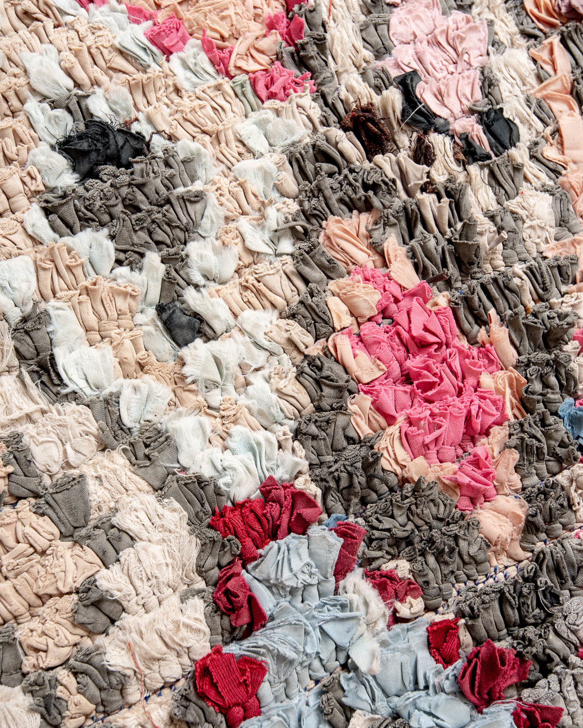 Modern designer vintage handcrafted Berber rug from Morocco. Boucherouite with beautiful colors and patterns.